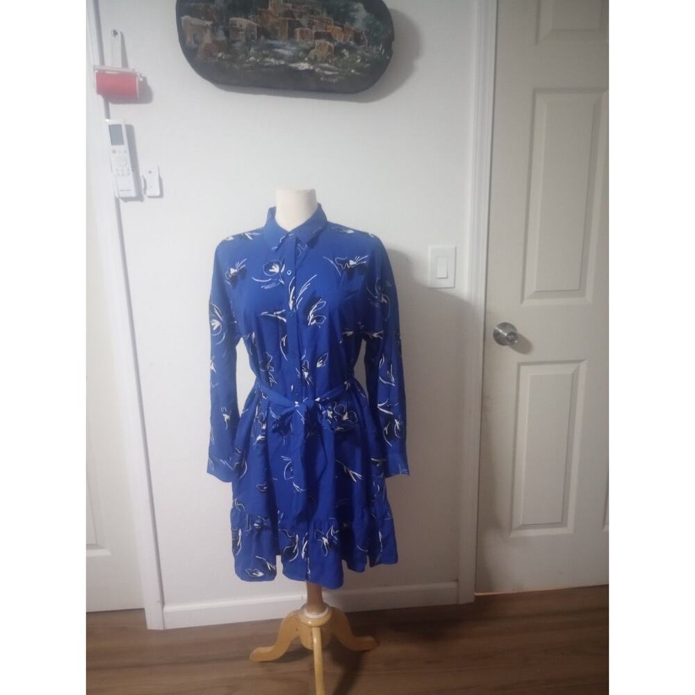 Nine West Shirt Dress Ruffle Hem Floral Button-Front Tie Waist Blue Medium